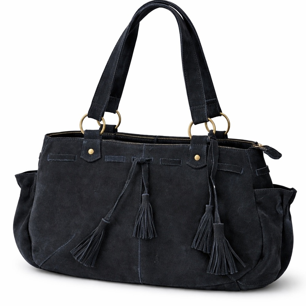 Black Suede Leather Tassel Boho Shoulder Bag